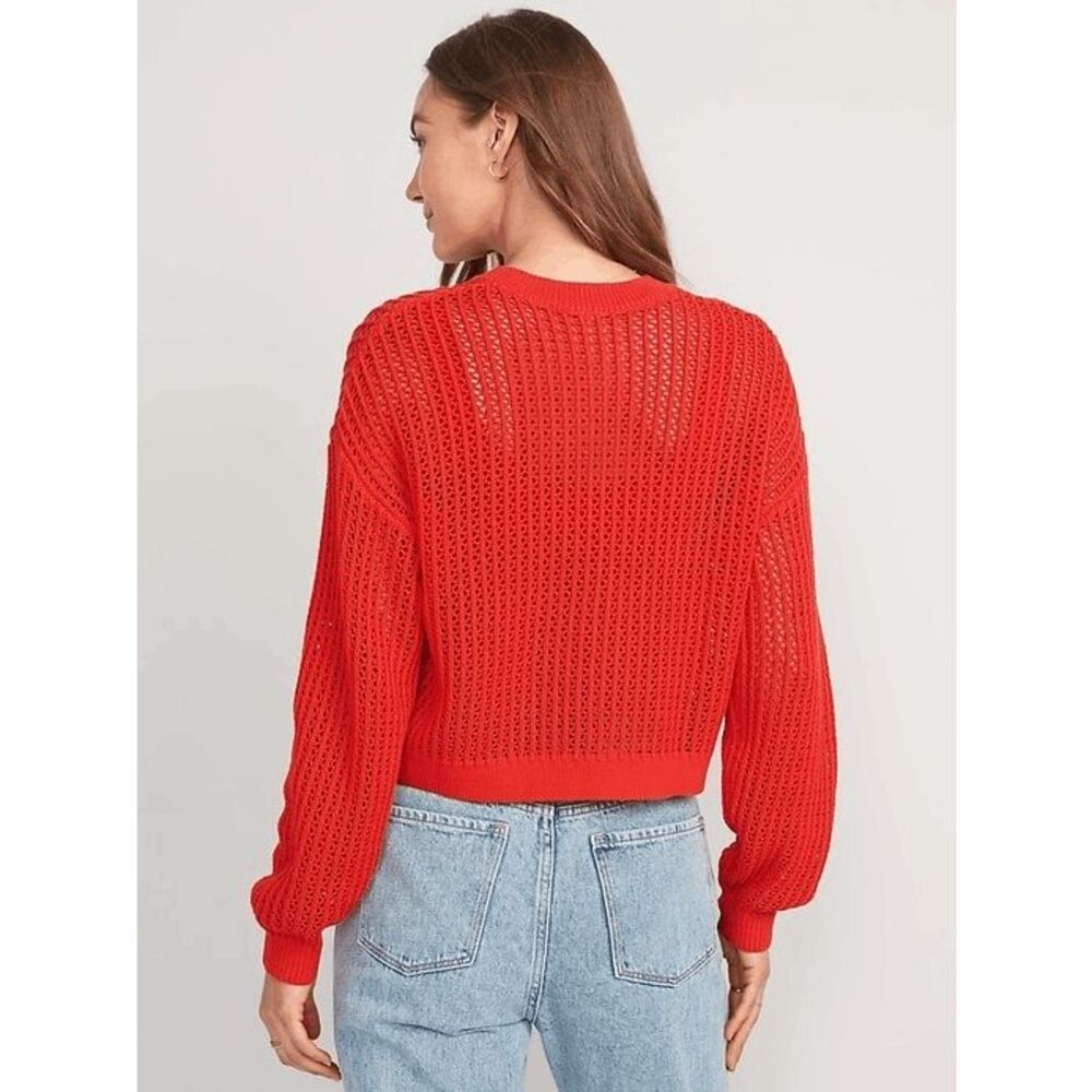 Old Navy Women's Long-Sleeve Cropped Crochet Sweater - Poppy Field XL - Picture 7 of 8
